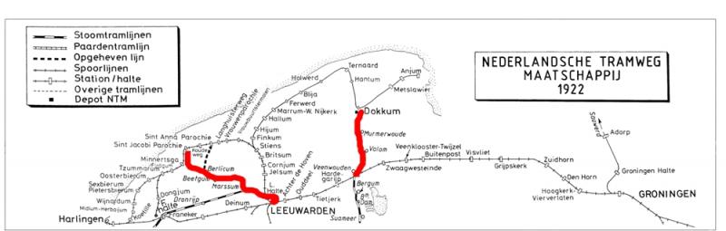 De beide tramlijnen van de Nederlandsche Tramweg Maatschappij in rood. Tekening: Dick van der Spek.