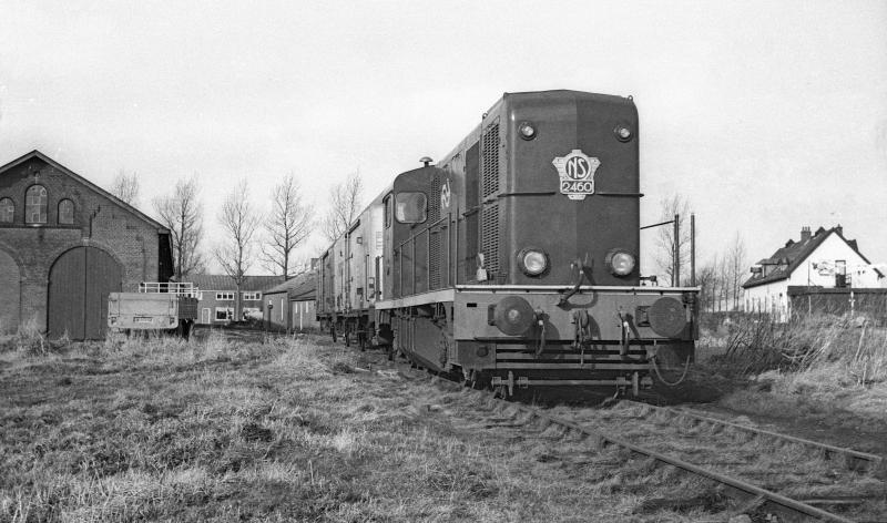 Locomotief 2460 poseert hier naast de voormalige locomotiefloods in Stiens en haalt aardappelwagons af op 9 februari 1973. Vermoedelijk gaat het hier om een historische foto: een van de laatste, zoniet de allerlaatste trein die aardappelhandel Brandsma liet vervoeren, tegen bijzonder tarief, anders kwam de NS niet. Foto: Wietse Hoekstra.