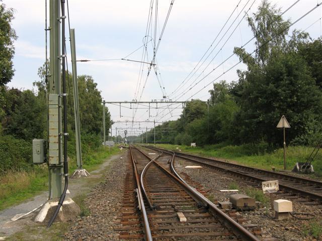 Twee maanden later, nu is het noordelijke spoor afgesloten. De overloopwissels aan de westzijde van het emplacement Haelen, gezien in oostelijke richting. Het noordelijke hoofdspoor in de richting Weert ligt er ongebruikt en dus roestig bij.