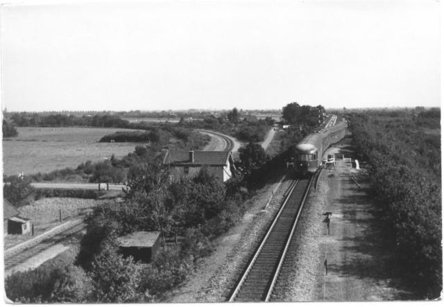 DE5 183 Roermond - Enschede komt door over spoor 2 bij km 35.45 van de SS-lijn Arnhem-Venlo en passeert daarbij het viaduct over de Hapseweg. Links de verbindindingsbaan Bga Bhg (1884) met wachtpost 27.Foto: foto 688.683 AC Periode: 4 september 1959