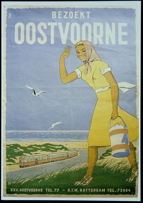 Affiche door H.W. Tap uit ca 1950 om het reizen naar het strand te promoten.Tap heeft naast affiches nog allerlei andere vormgeving voor de RTM gedaan; hij ontwierp het beeldmerk met de vleugels dat op de trams en bussen te zien was, en had ook een bijdrage aan de vormgeving van diverse locomotieven die in de werkplaats van het bedrijf zijn verbouwd.
