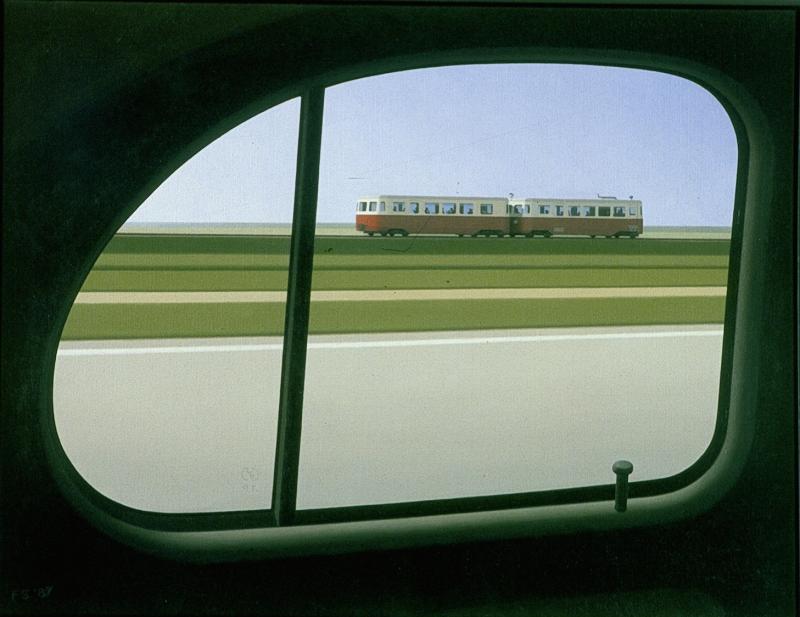 Frans Stuurman heeft als kunstschilder veel tram-gerelateerde onderwerpen geschilderd, ook van de RTM. Dit schilderij heeft als titel "Micheline"; het is geïnspireerd op het "Fuut"-tramstel van de RTM. Dit stel bestond uit twee uit Frankrijk overgenomen Billard-rijtuigen.Olieverf op linnen, 50x65 cm, 1987.