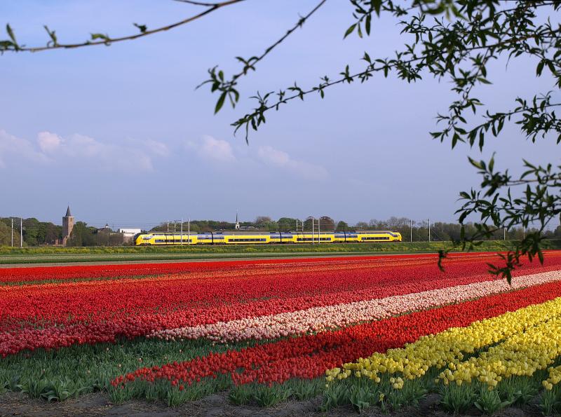 Een VIRM rijdt naar Amsterdam door de boog in de Schiphollijn richting station Sassenheim. Op de achtergrond is de toren van het voormalige klooster Mariënhaven te zien. Het gebouw is nu in gebruik als verpleeghuis