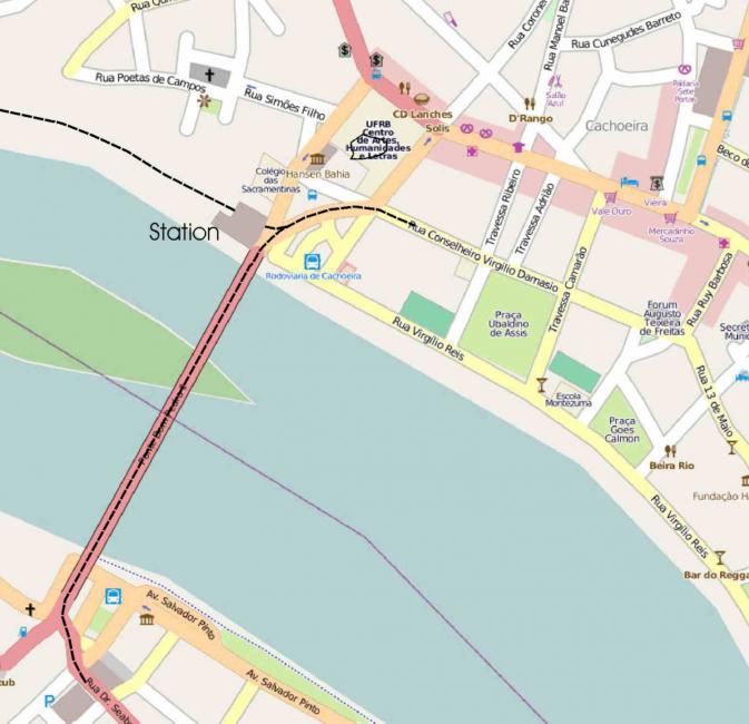 Kaartje van de brug en omgeving; de spoorlijn is als stippellijn ingetekend. Boven is Cachoeira, onder Sao Felix.