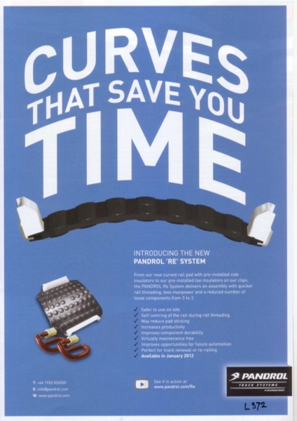 CURVES THAT SAVE YOU TIME, advertentie van Pandrol voor het nieuwe RE-systeem van railpad en zij-isolators, 2012.