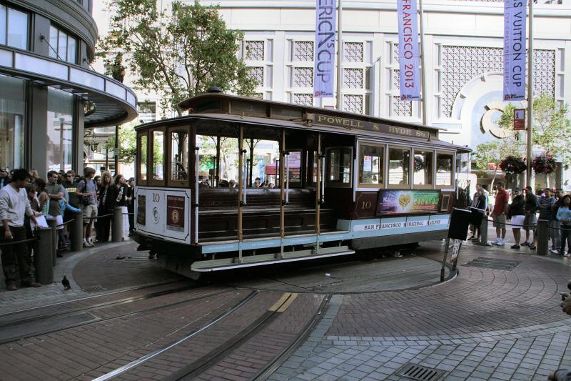 De wagen wordt eveneens met de hand tot boven de kabel geduwd waarna de grip man (machinist) deze weer kan oppakken. Tja, het systeem dateert van 1873.