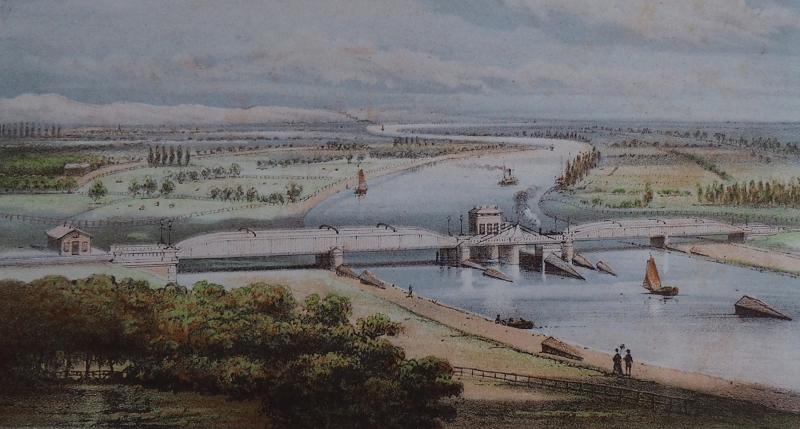 De Nederlandsche Rhijnspoorweg Maatschappij (NRS) opende in 1855 de spoorlijn van Arnhem naar Duitsland en bouwde daarvoor een spoorbrug over de IJssel: het werd een dubbelsporige brug met in het midden een draaibaar gedeelte.